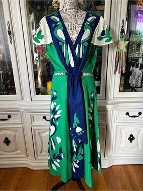 FARM Rio Soft Garden Blue Appliqué Dress with Tie Waist L